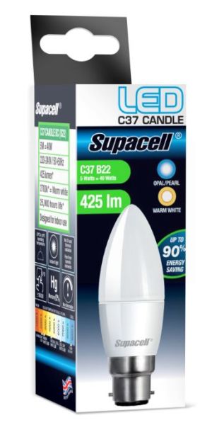 Supacell Led C37 Bc (B22) 5W Energy Saving Candle Light Bulb - Warm White