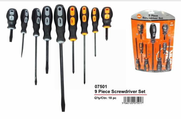 JAK Comfort Grip Screw Driver Set - Pack of 9 - Assorted Colour, Size and Shape