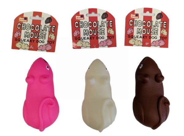 Pet Touch Squeaky Chocolate Mouse Dog Play Toy - Assorted Colours - 16 x 7cm