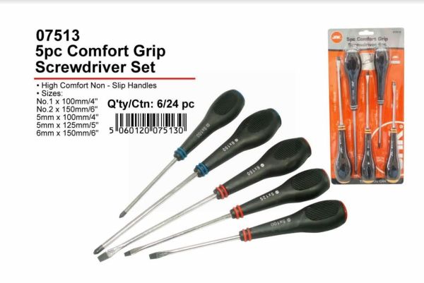 JAK Comfort Grip Screw Driver Set - Pack of 5 - Assorted Size and Shape