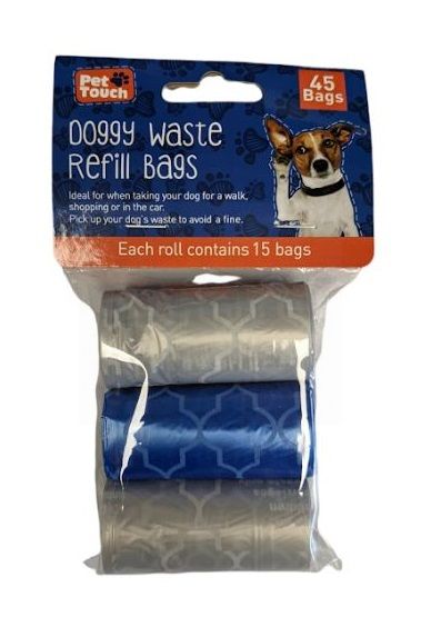 Pet Touch Doggy Waste Refill Bags - Assorted Colours - Pack of 3 x 15