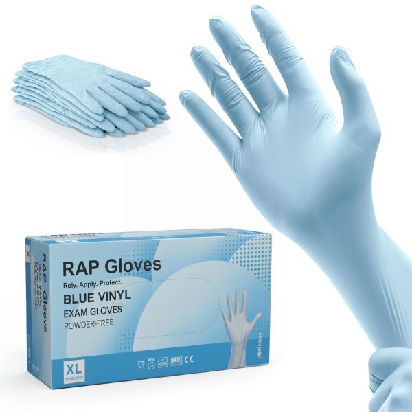 RAP Blue Vinyl Exam Gloves - Powder Free - Extra Large - Pack of 100