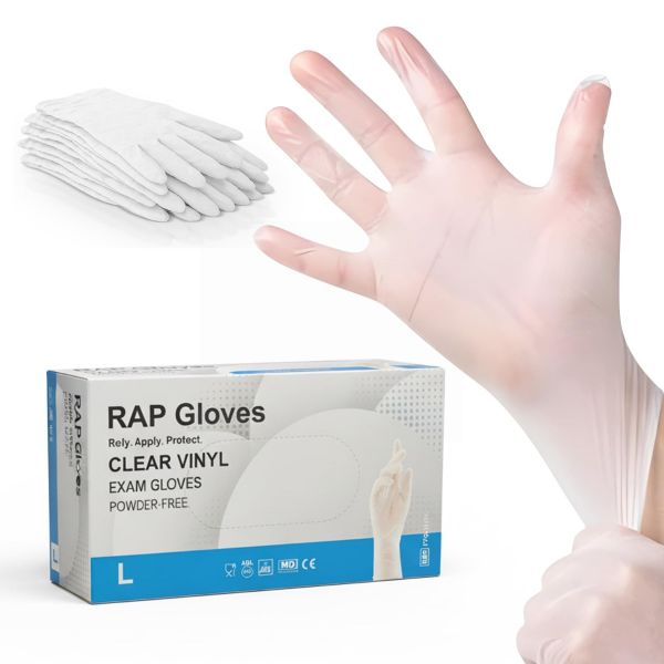 RAP Clear Vinyl Exam Gloves - Powder Free - Large - Pack of 100