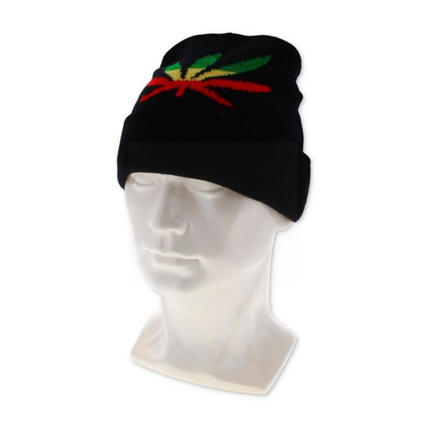 Rasta Leaf Knit Winter Beanie Hat - Black