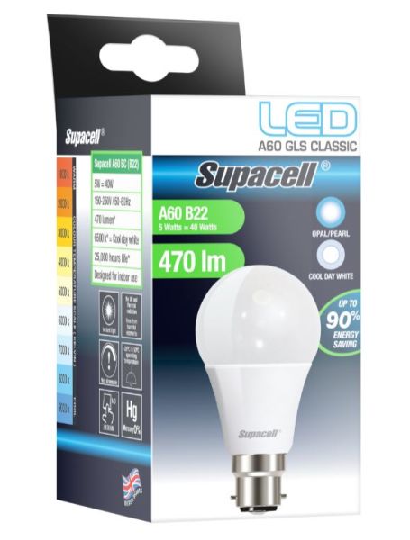 Supacell Led A60 Gls Bc (B22) 5W Energy Saving Light Bulb - Opal/Pearl - Cool White
