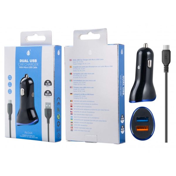 One Plus Dual USB Car Charger (5V/2.4A) With Micro USB Cable - Black/Blue
