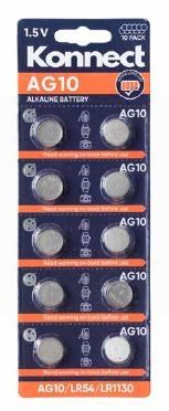 Konnect AG10 Alkaline Button Battery - 1.5V - Pack of 10