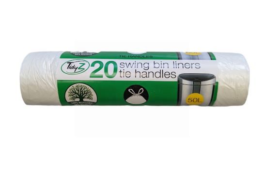 Tidyz Swing Bin Liners with Tie Handles - White - 50 Litres - Pack of 20 - 90 x 120cm