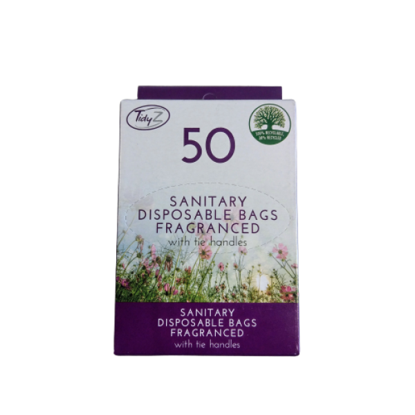 Tidyz Fragranced Sanitary Disposable Bags with Tie Handle - 18.5 x 26.5cm - Pack of 50 Bags
