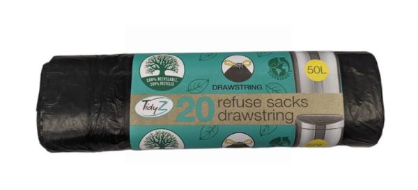 Tidyz Sustainable Drawstring Refuse Sacks - 50L - 124 x 79cm - Black - Roll of 20
