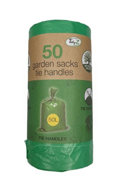 Tidyz Sustainable Garden Sacks with Tie Handles - 50L - 120 x 84cm - Green - Roll of 50