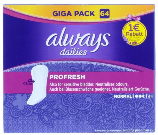 Always Dailies Panty Liners - Pro-Fresh - Normal - Dermatologically Tested - Pack of 64