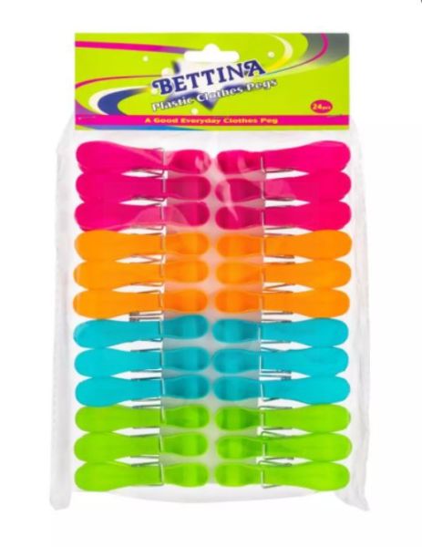 Bettina Plastic Clothes Pegs - Pack Of 24 - Assorted Colours