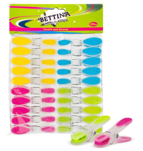Bettina Soft Grip Plastic Washing Pegs - Pack Of 20 - Assorted Colours