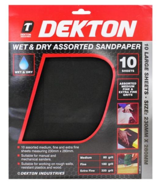 Dekton Large Wet & Dry Sandpaper Sheets - Assorted Sheets - 230 x 280mm - Pack of 10