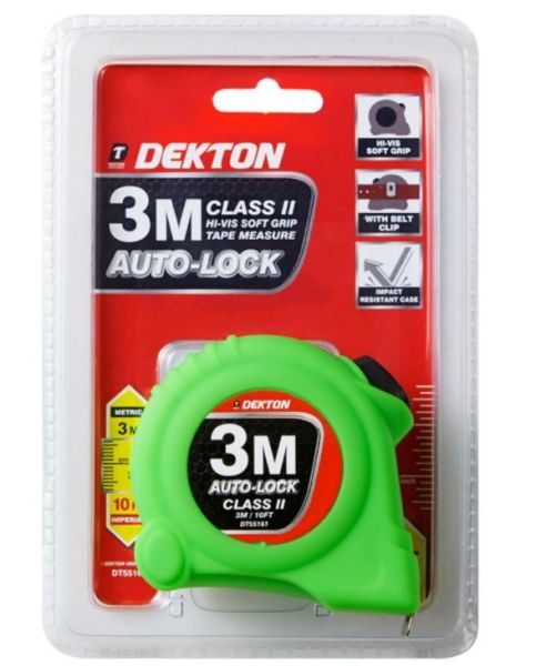 Dekton Class 2 HI-VIS Soft Grip Auto-Lock Tape Measure with Belt Clip - Green - 3m