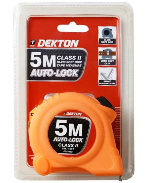Dekton Class 2 HI-VIS Soft Grip Auto-Lock Tape Measure with Belt Clip - Orange - 5m