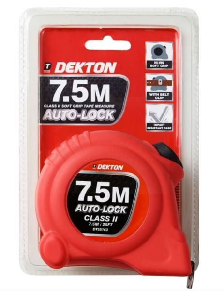 Dekton Class 2 HI-VIS Soft Grip Auto-Lock Tape Measure with Belt Clip - Red - 7.5m