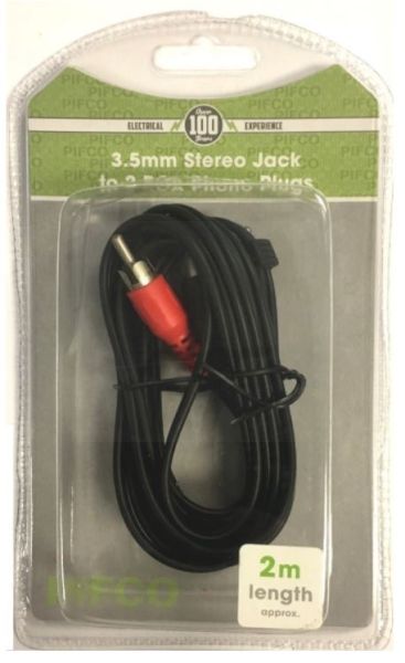 Pifco Electrical 3.5Mm Stereo Jack To 2Rca Phone Plugs - 2 Metres