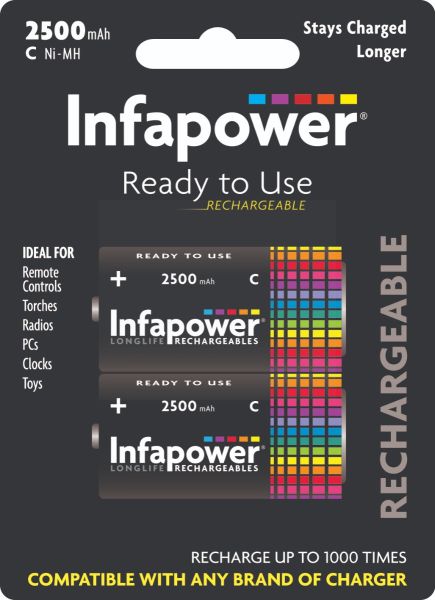 Infapower C Longlife Rechargeable Batteries - 2500mAh - Pack of 2