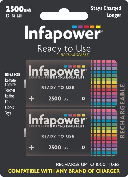 Infapower D Longlife Rechargeable Batteries - 2500mAh - Pack of 2