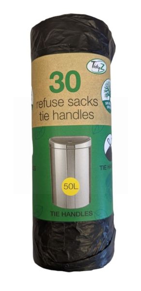 Tidyz Refuse Sacks with Tie Handles - Roll of 30 - 50 Litres - 94 x 120cm