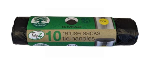 Tidyz Refuse Sacks with Tie Handles - Roll of 10 - 50 Litres - 94 x 120cm