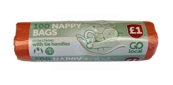 Go Local Extra Strong Nappy Bags With Tie Handles - 28 x 34cm - Pack Of 100 - Price Marked £1