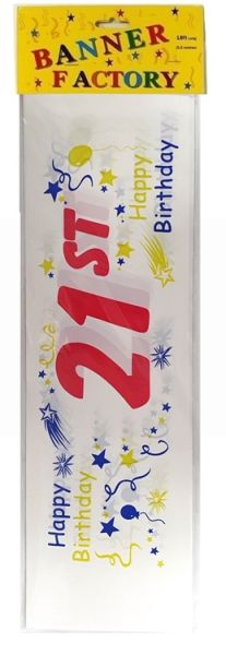 HAPPY 21ST BIRTHDAY BANNER WHITE WITH CARD