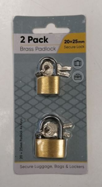 Secure Lock Brass Padlock Set - 20 + 25mm - Pack of 2 with 2 Keys Each
