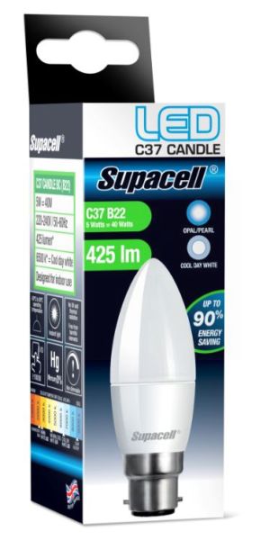 Supacell Led C37 Bc (B22) Base Candle Light Bulb - Opal/Pearl - Cool White