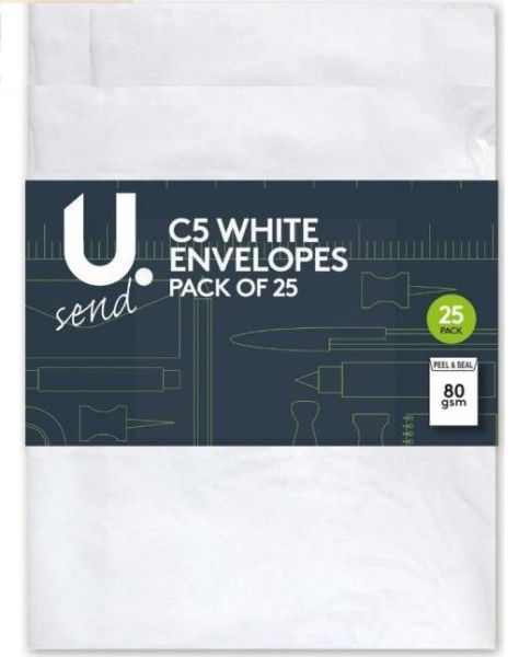 U Send C5 Peal & Seal Envelopes - White - 80GSM - 22.5 x 16cm - Pack Of 25