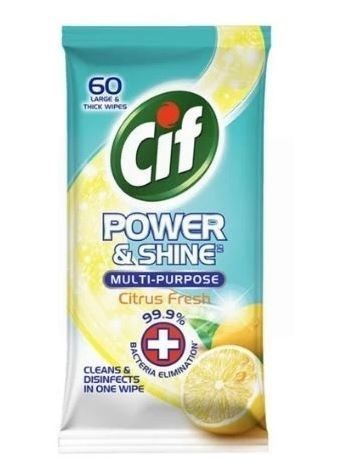 Cif Power & Shine Multi-Purpose Large & thick Wipes - Citrus Fresh - Pack of 60 - Exp: 07/23