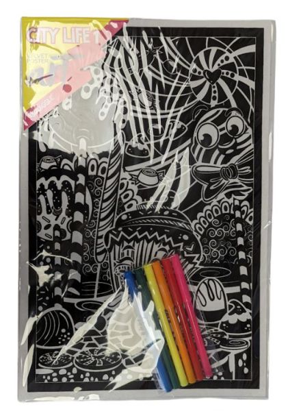 Velvet Poster Art with Assorted Coloured Pens - City Life 1 - 38 x 25cm