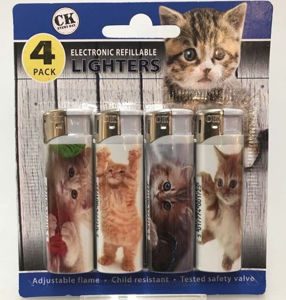 CK Everyday Electronic Refillable Lighters - Cat - Assorted Cat Pictures - Pack of 4