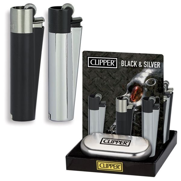 Clipper Metal Flint Reusable Lighter + Gift Box - Black & Silver