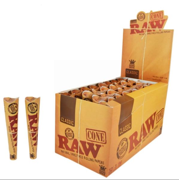 Classic Raw Cone Natural Unrefined Rolling Papers - 3 Pack - Kingsize - Natural Hemp Gum - 96 Cones Per Box