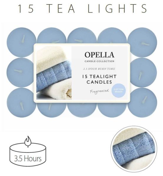 Opella Fragranced/Scented Tea Lights / Candles - Cotton Breeze - Pack Of 15
