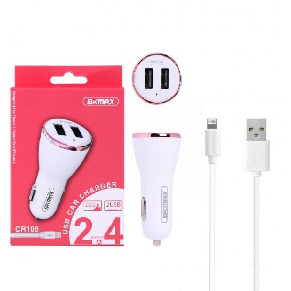 BKMAX Dual USB Car Charger 2.4A with Iphone Lead - White + Pink