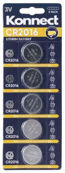 Konnect CR2016 Lithium Button Battery - 3V - Pack of 5