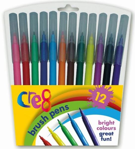 Cre8 Quality Fibre Brush Tipped Colouring Marker Pens - Pack Of 12
