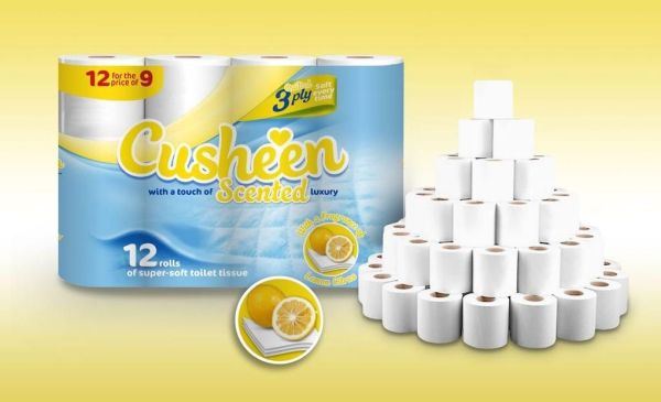 Cusheen Quilted Scented Luxury Super Soft Toilet Paper Roll - Lemon Citrus - 3 Ply - Pack Of 12