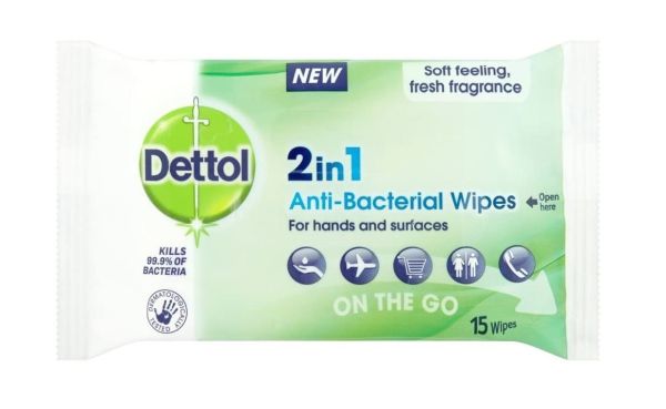 Dettol 2-in-1 Anti-Bacterial On-the-Go Wipes for Hands & Surfaces - Dermatologically Tested - Pack of 15