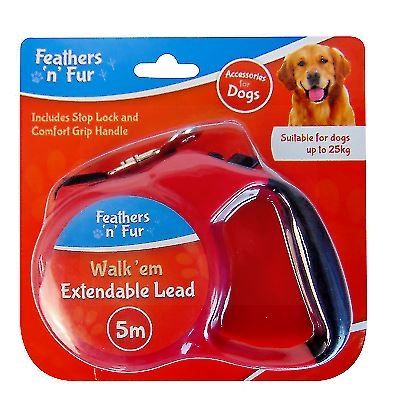 Feathers 'n' Fur - Walk'em Extendable Dog Lead with Stop Lock & Grip Handle - 5 Metre