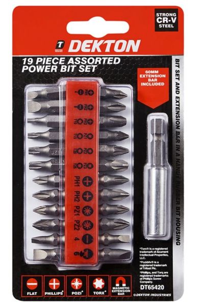 Dekton Power Bit Set with 6cm Magnetic Extension Bar - Assorted Shapes - Pack of 19