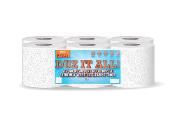 Duz It All Multi Purpose Kitchen Cleaning Towel Tissue Centre Feed Rolls - White - 60 Metres - 2 Ply - Extra Strong/Absorbent 