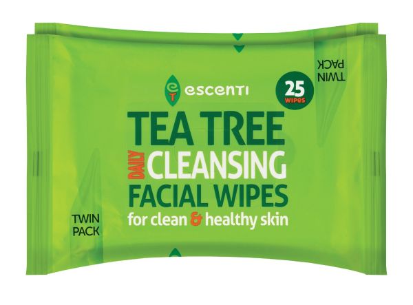 ESCENTI TEA TREE DAILY CLEANSING FACIAL WIPES - 2 X PACK OF 25 - TWIN PACK