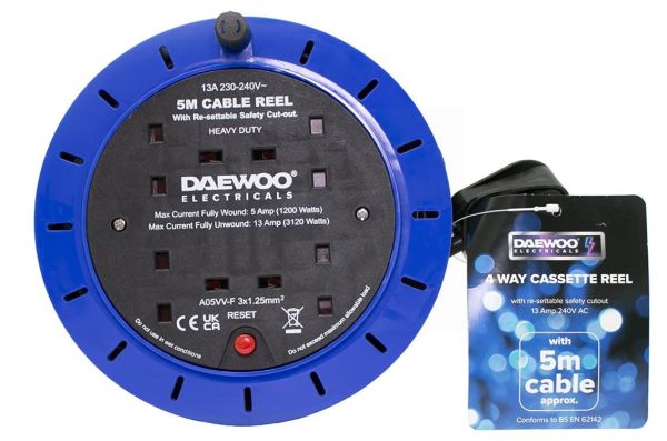 Daewoo 4 Way/Gang Extension Cassette Reel with Re-Settable Safety Cutout - 5 Metres - 13A 