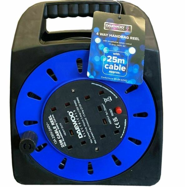 Daewoo 4 Way/Gang Extension Hnadbag/Cable Reel with Re-Settable Safety Cutout - 25 Metres - 13A 