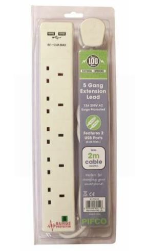 Pifco 5 Gang Surge Protected Extension Lead with USB Ports - 2 Metres